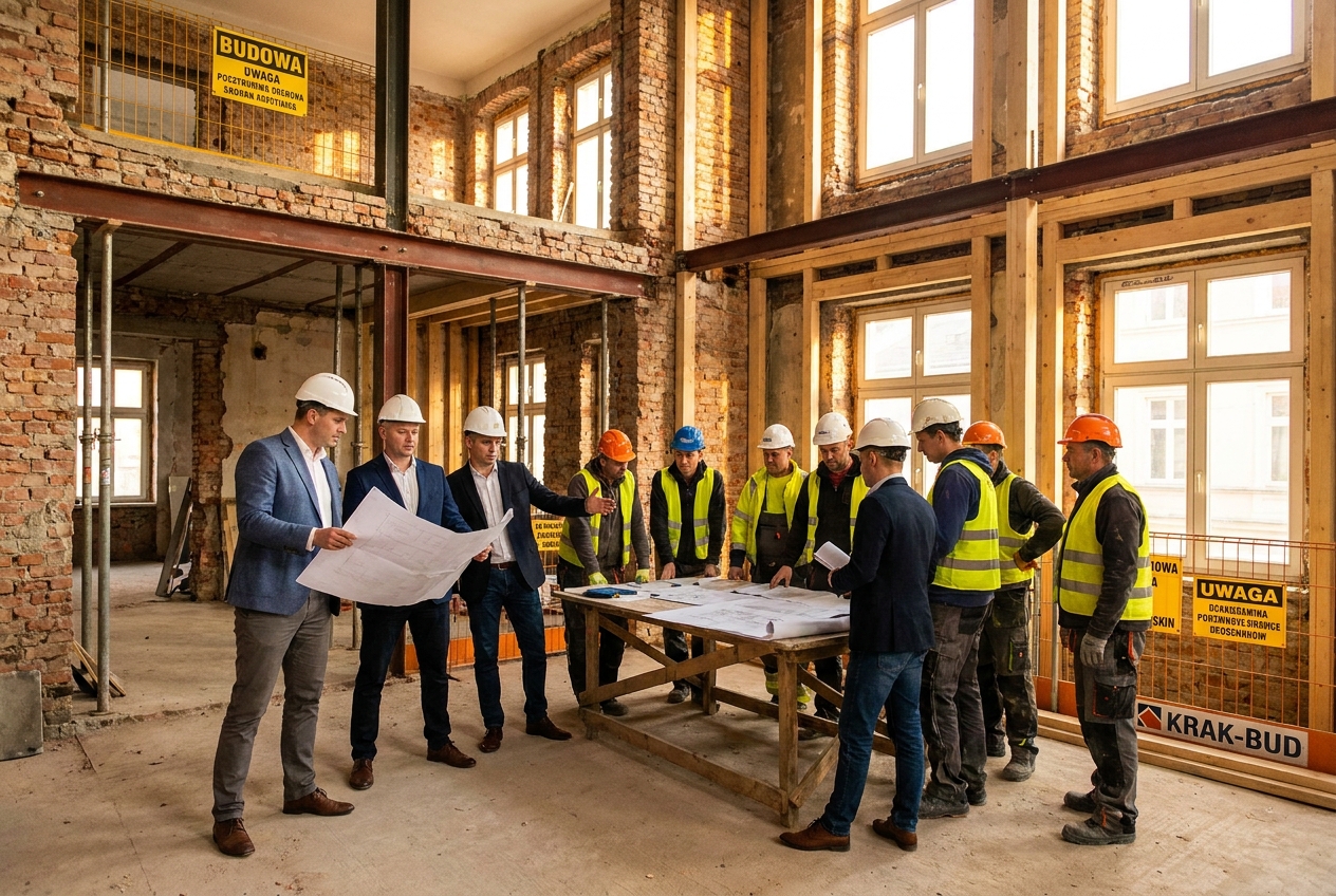 Workers reviewing plans on a construction site