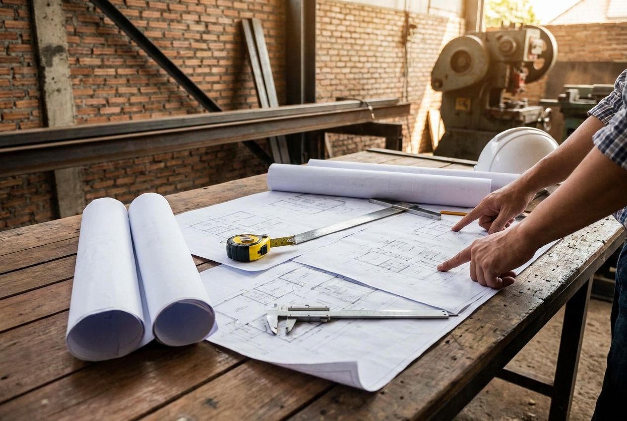 Blueprints and measuring tools on a work table