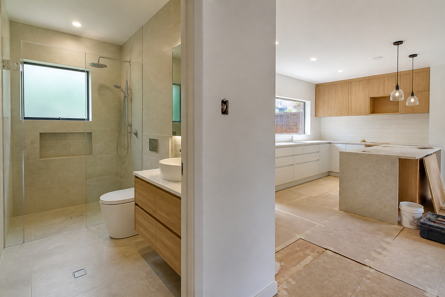 Bathroom renovation with tiling and fixtures