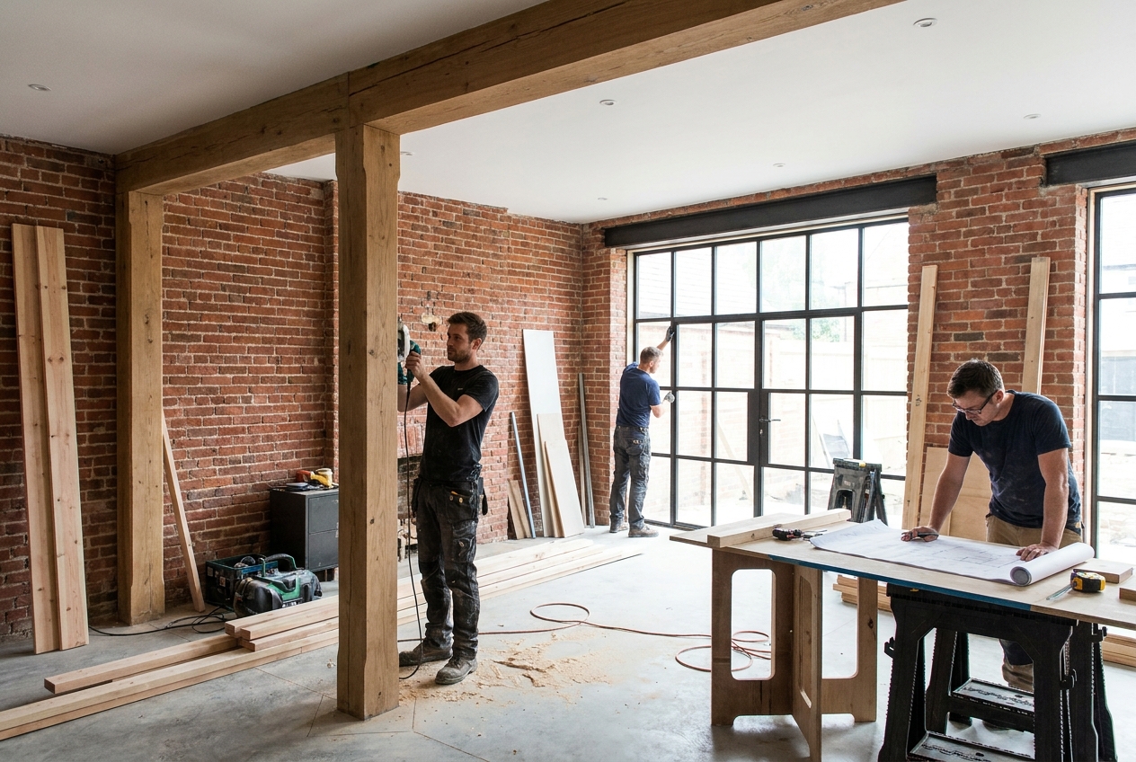 Interior renovation with exposed brick and timber